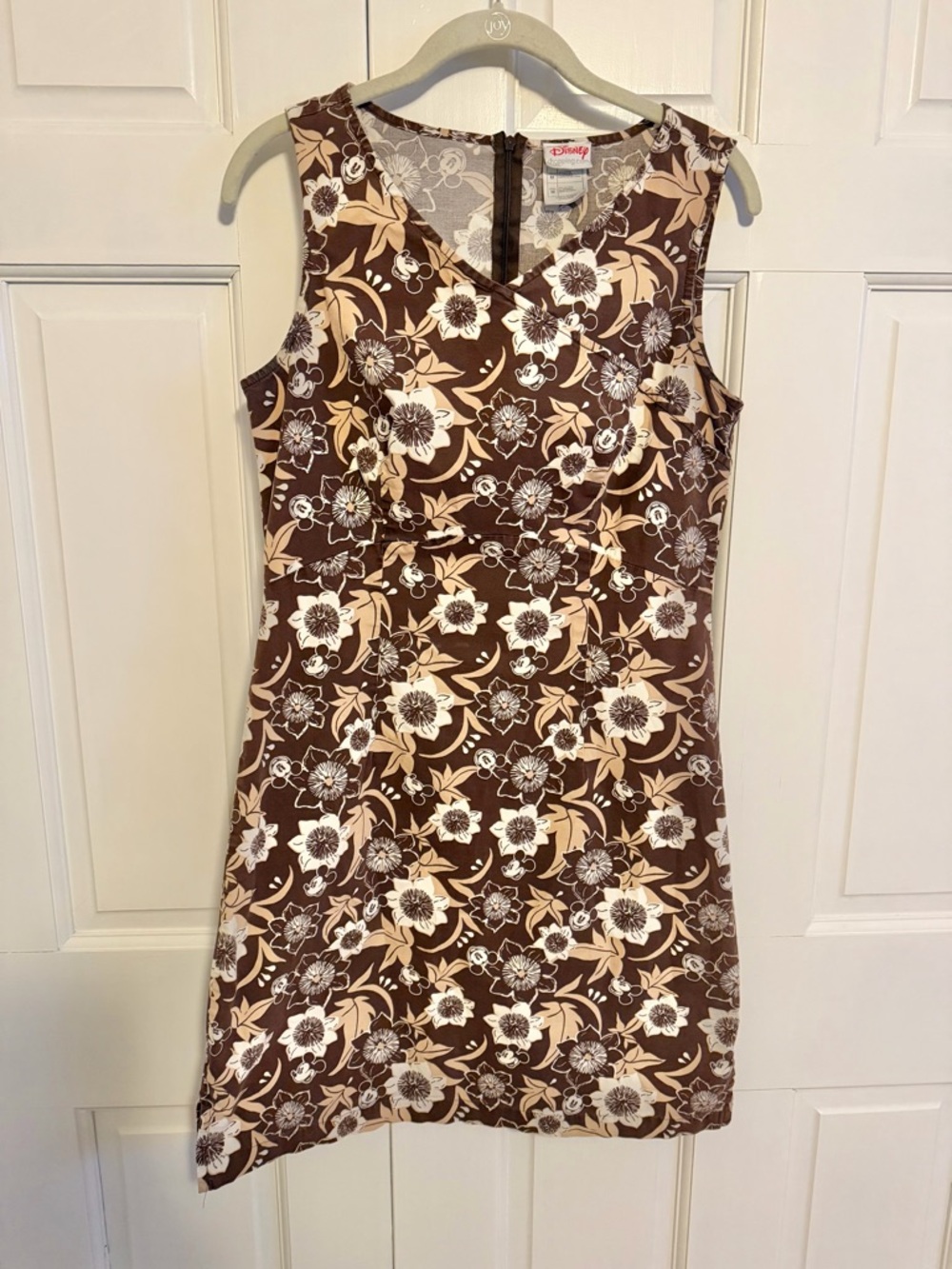 Vintage Disney Dress Medium Brown Floral Sleeveless V Neck Mickey Minnie Y2k